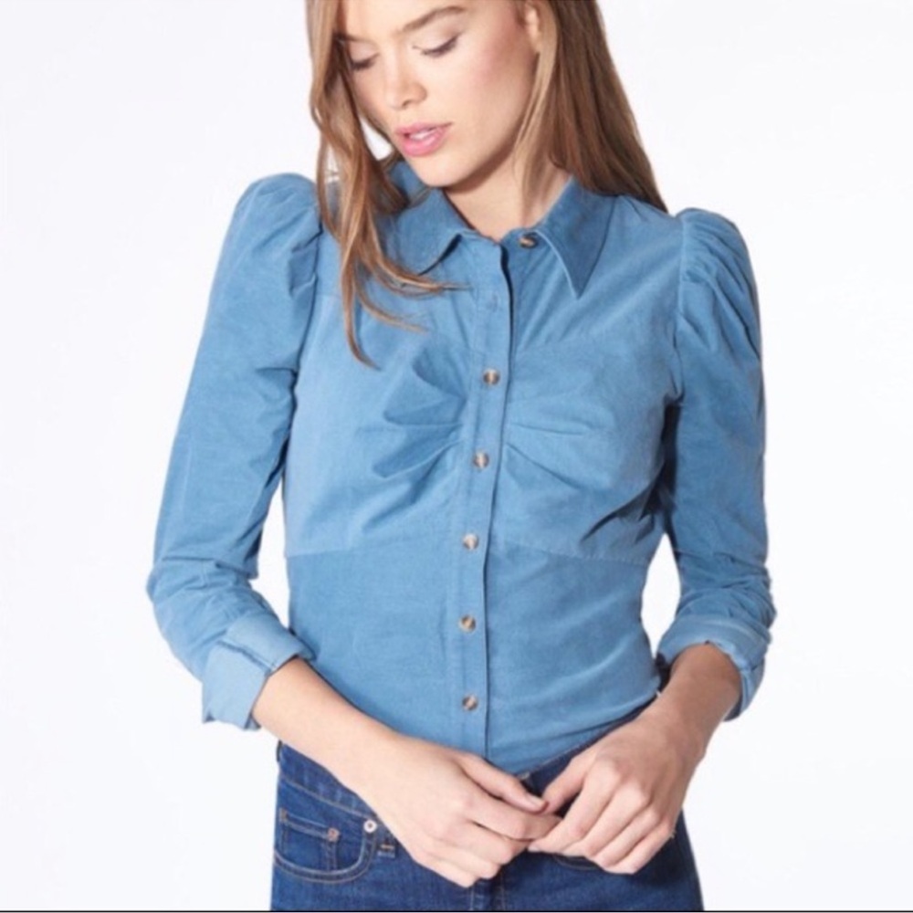 Veronica Beard Blue Button-Down Puff Sleeve Shirt
